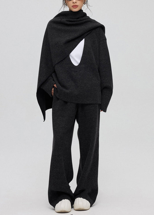 Lässiges dunkelgraues U-Ausschnitt-Dreiteiler-Set aus einfarbigem Kaschmir Winter