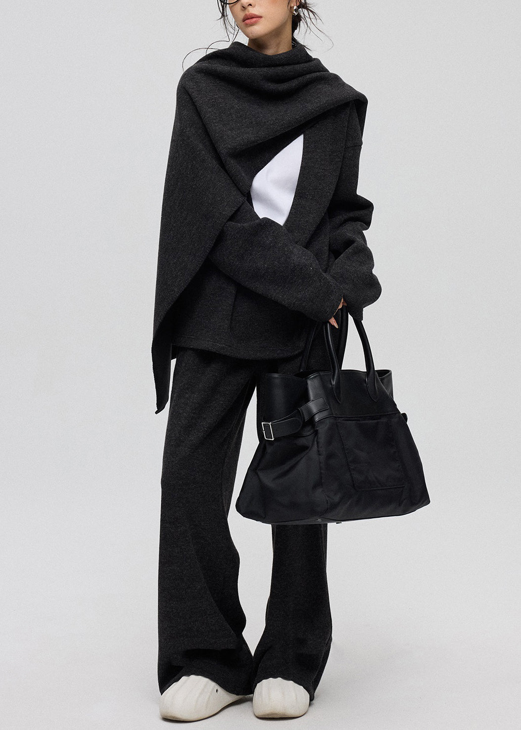 Lässiges dunkelgraues U-Ausschnitt-Dreiteiler-Set aus einfarbigem Kaschmir Winter