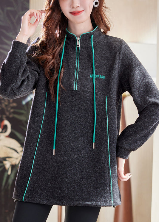 Casual Dark Gray Zip Up Drawstring Patchwork Cotton Sweatshirts Winter