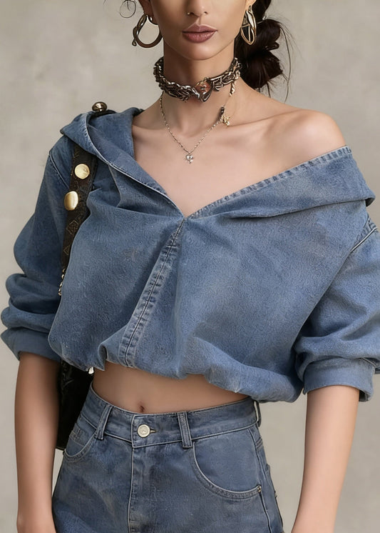 Casual Denim Blue Hooded Coat And Shorts Two Pieces Set Spring