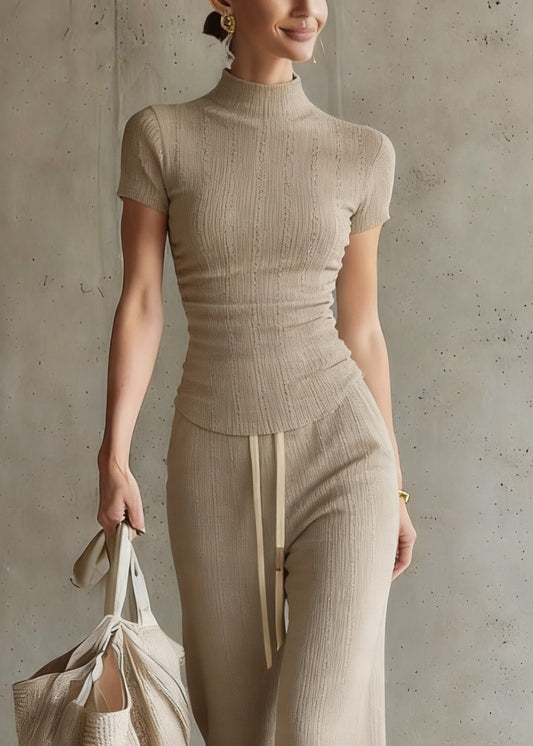 Casual Drawstring Top And Wide Leg Pants Two Piece Set Short Sleeve