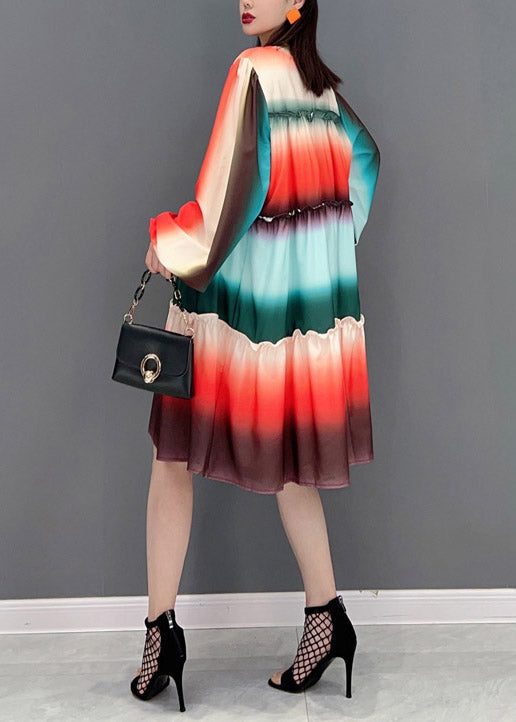 Lässiges Farbverlaufskleid mit Rundhalsausschnitt und Rüschen, Patchwork, A-Linie, lange Ärmel