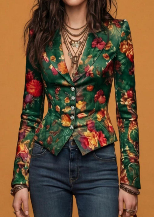 Casual Green Button Print Blazer Jackets Coat Fall