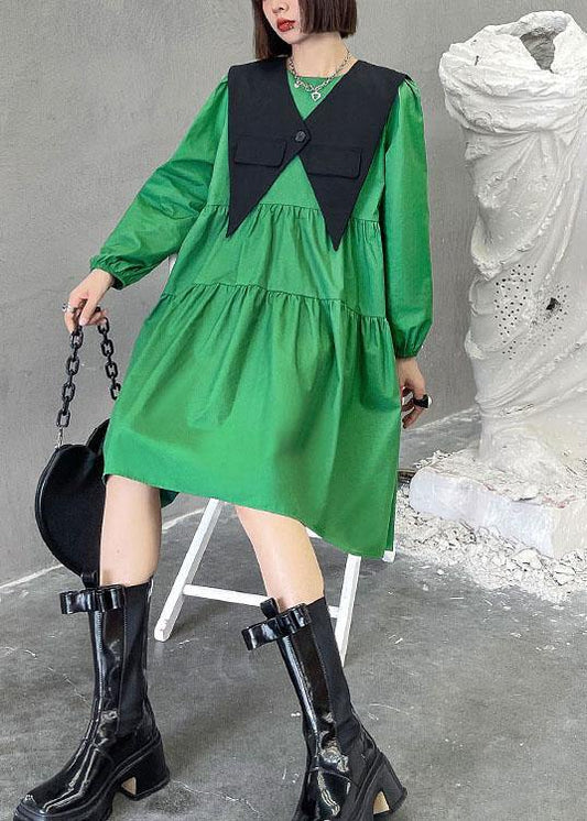 Casual Green O-Neck Button Zippered Fall Dress Long sleeve - SooLinen