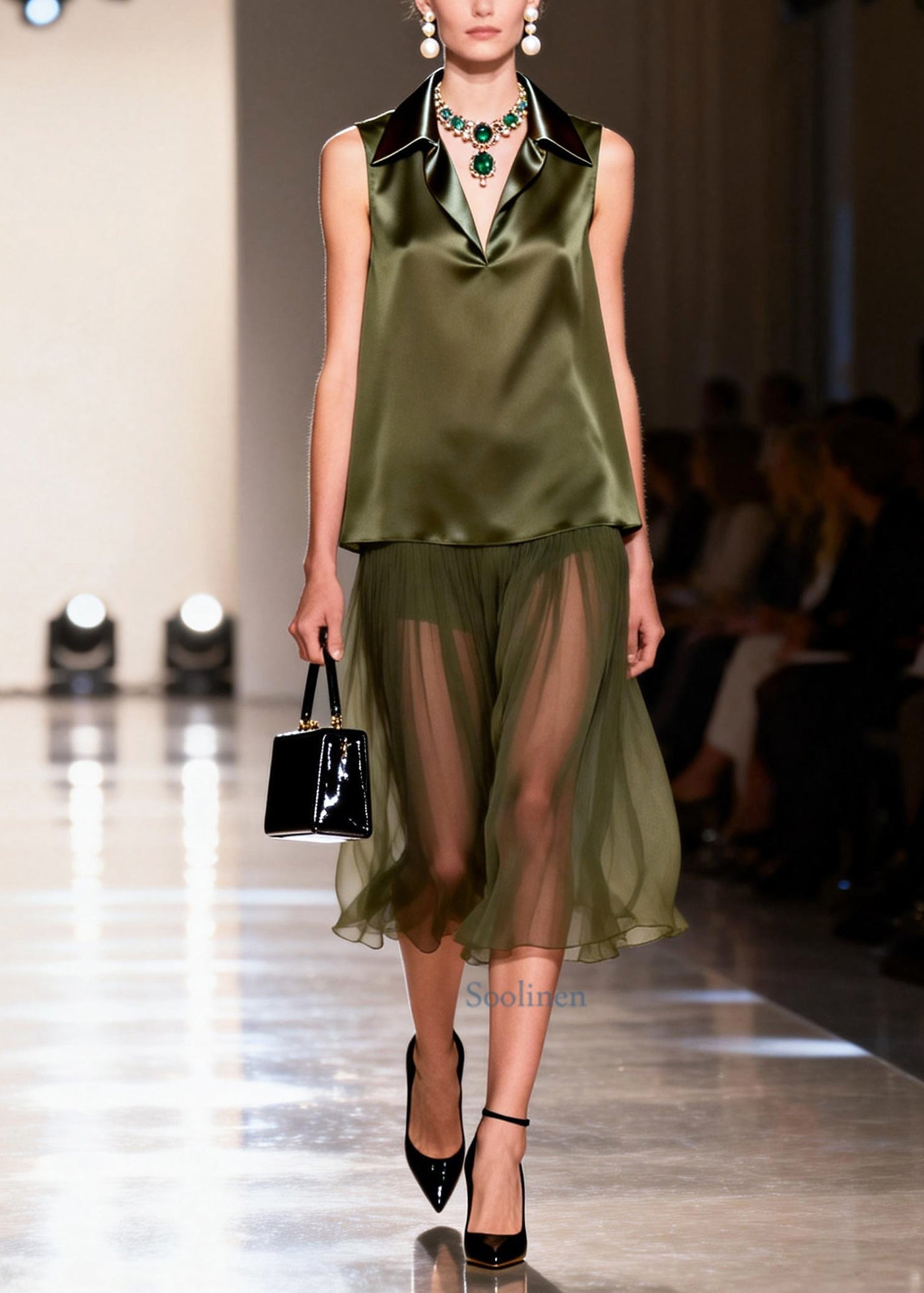 Casual Green Peter Pan Collar Silk Vests And Skirts Two Pieces Set Summer