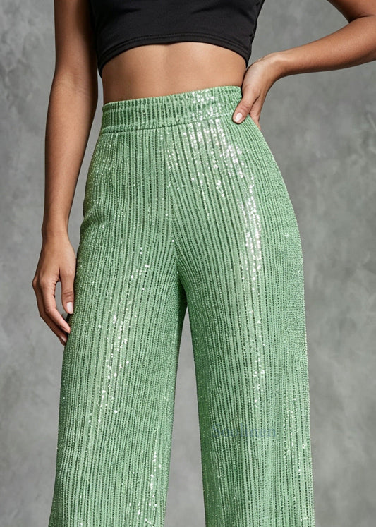 Casual Green Sequins Cotton Wide Leg Pants Summer