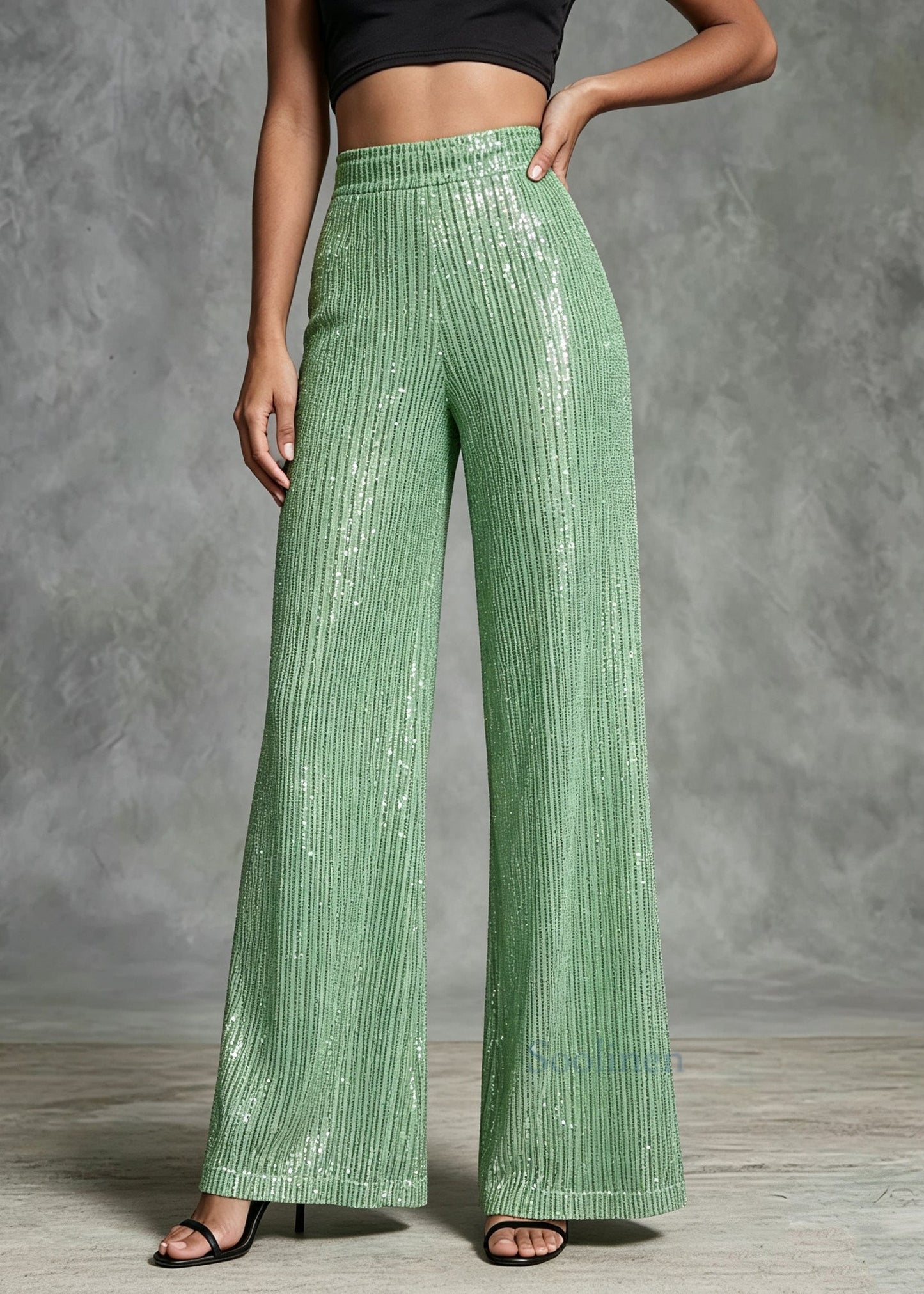 Casual Green Sequins Cotton Wide Leg Pants Summer
