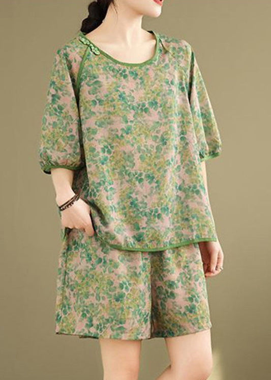 Casual Green Side Open T Shirt And Shorts Two Pieces Set Short Sleeve