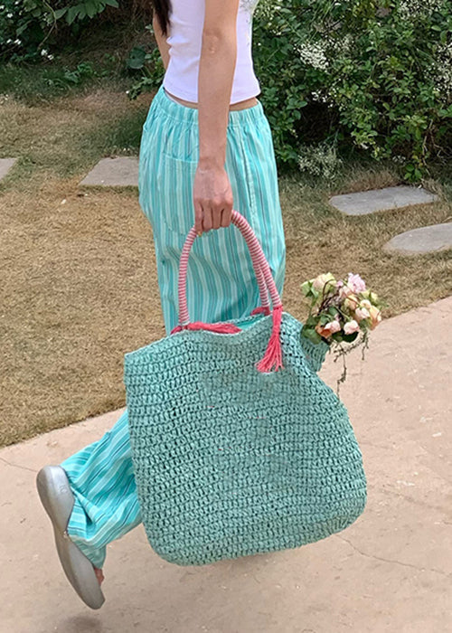 Pantalones casuales de algodón con cintura elástica y bolsillos a rayas verdes para verano