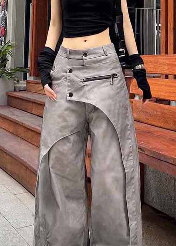 Casual Grey Asymmetrical Pockets Patchwork Cotton Pants Spring