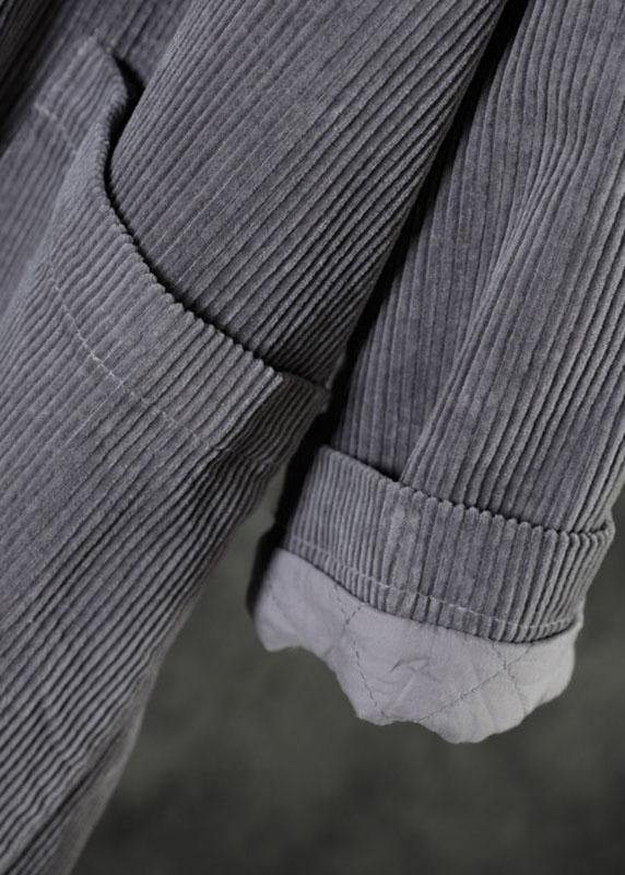 Casual Grey Button Hooded Pockets Winter Cotton Parka Long Sleeve - SooLinen