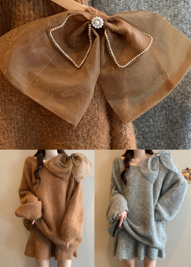 Lässiges graues Strickset aus Baumwolle mit Rundhalsausschnitt, bestehend aus Pullover und Rock, zweiteilig, für den Winter