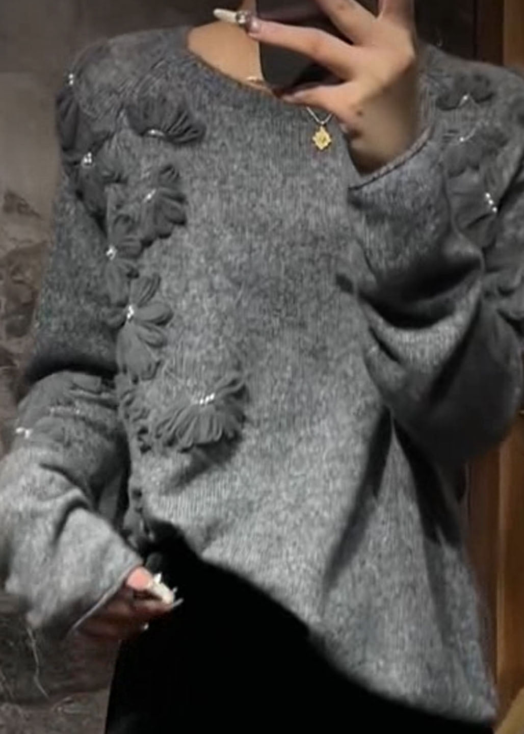 Casual Grey O-Neck Floral Cotton Knit Sweater Spring