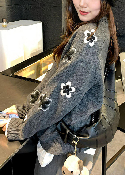 Suéter informal de punto con cuello redondo y estampado floral gris para primavera