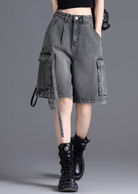 Casual Grey Oversized Pockets Denim Crop Pants Summer