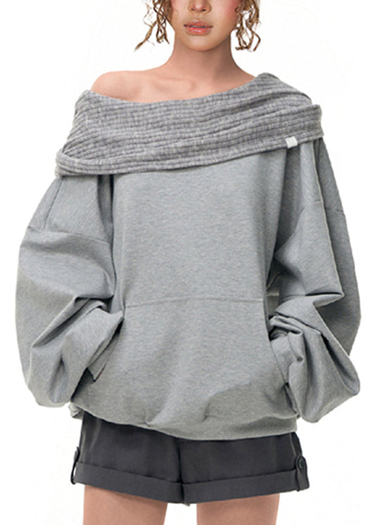 Casual Grey Slash Neck Pockets Sweatshirts Lantern Sleeve