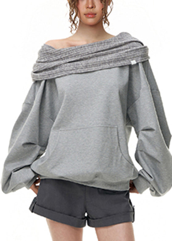 Lässiges graues Sweatshirt mit schrägem Ausschnitt, Taschen und Laternenärmeln