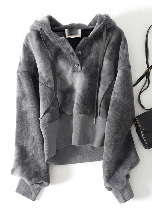 Lässiges graues Kapuzensweatshirt mit Batikmuster und Kordelzug, Frühlingsoberteil