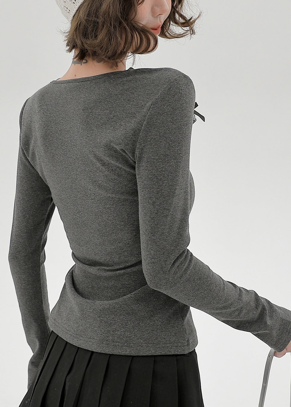 Camisas casuales de algodón con cuello en U y encaje de patchwork en gris para primavera