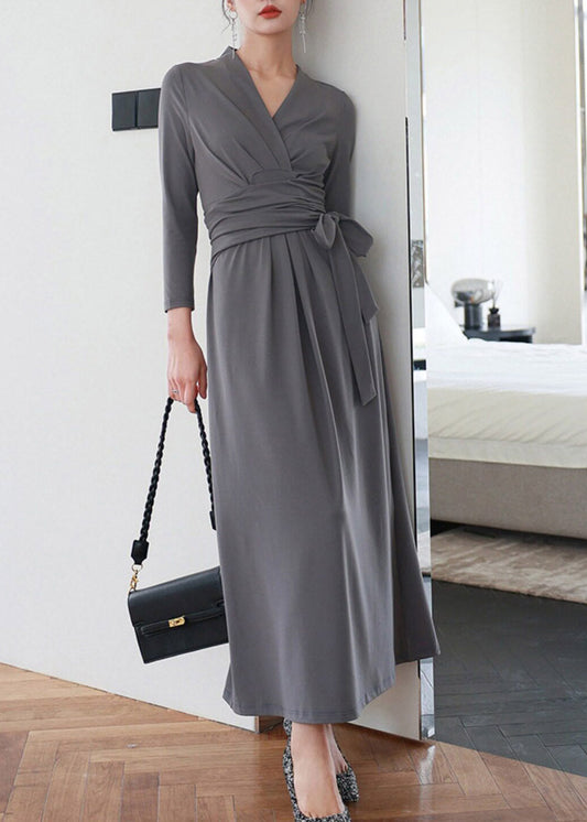 Casual Grey V Neck Solid Holiday Long Dress Three Quarter Sleeve