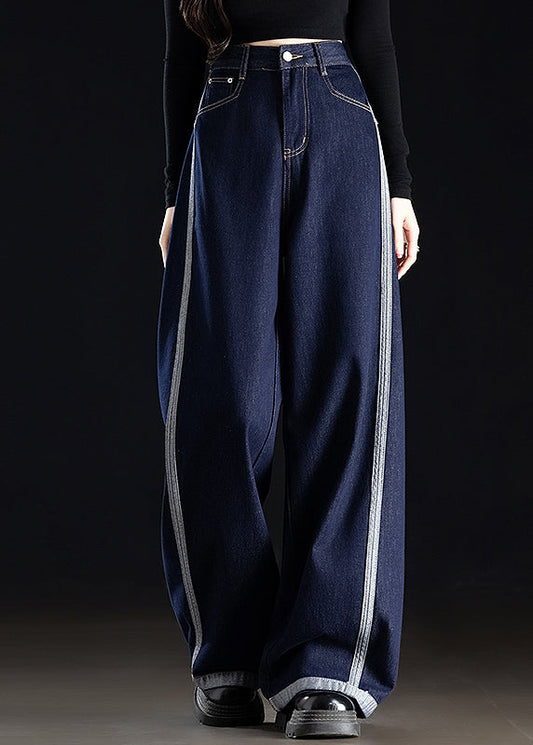 Casual Grey White Pockets Patchwork Denim Wide Leg Pants Spring