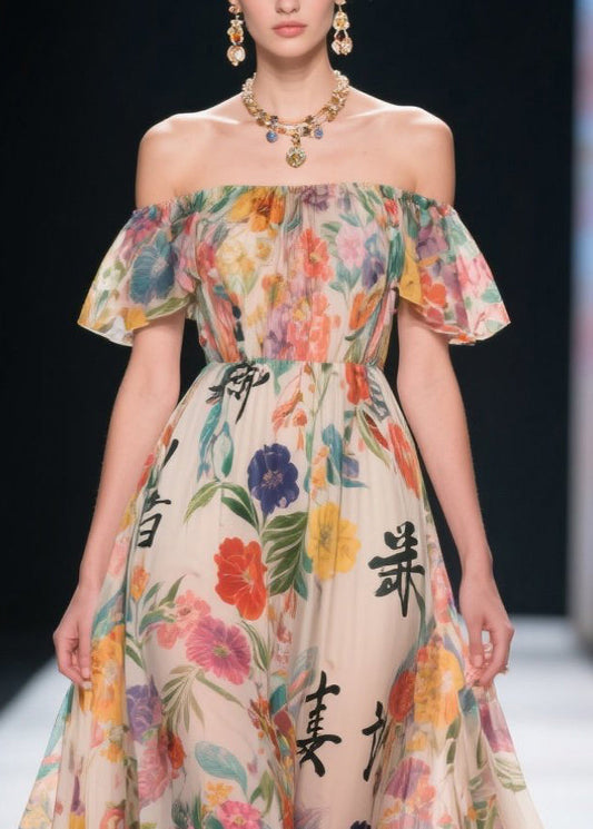 Casual Khaki Cold Shoulder Print Chiffon Beach Dresses Summer