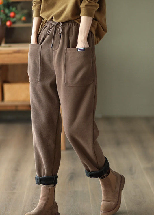 Casual Khaki Elastische Taille Kordelzug Taschen Warme Fleece Hose