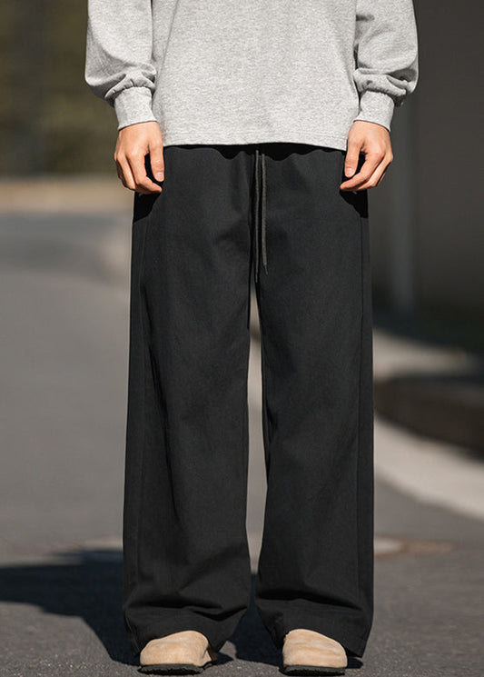 Casual Khaki Embroideried Pockets Cotton Men Wide Leg Pants Summer