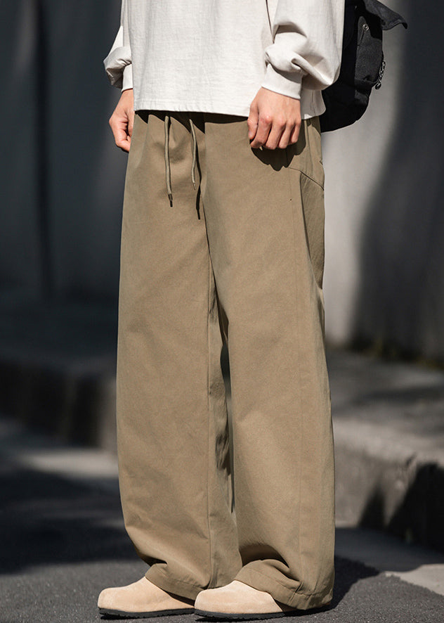Casual Khaki Embroideried Pockets Cotton Men Wide Leg Pants Summer