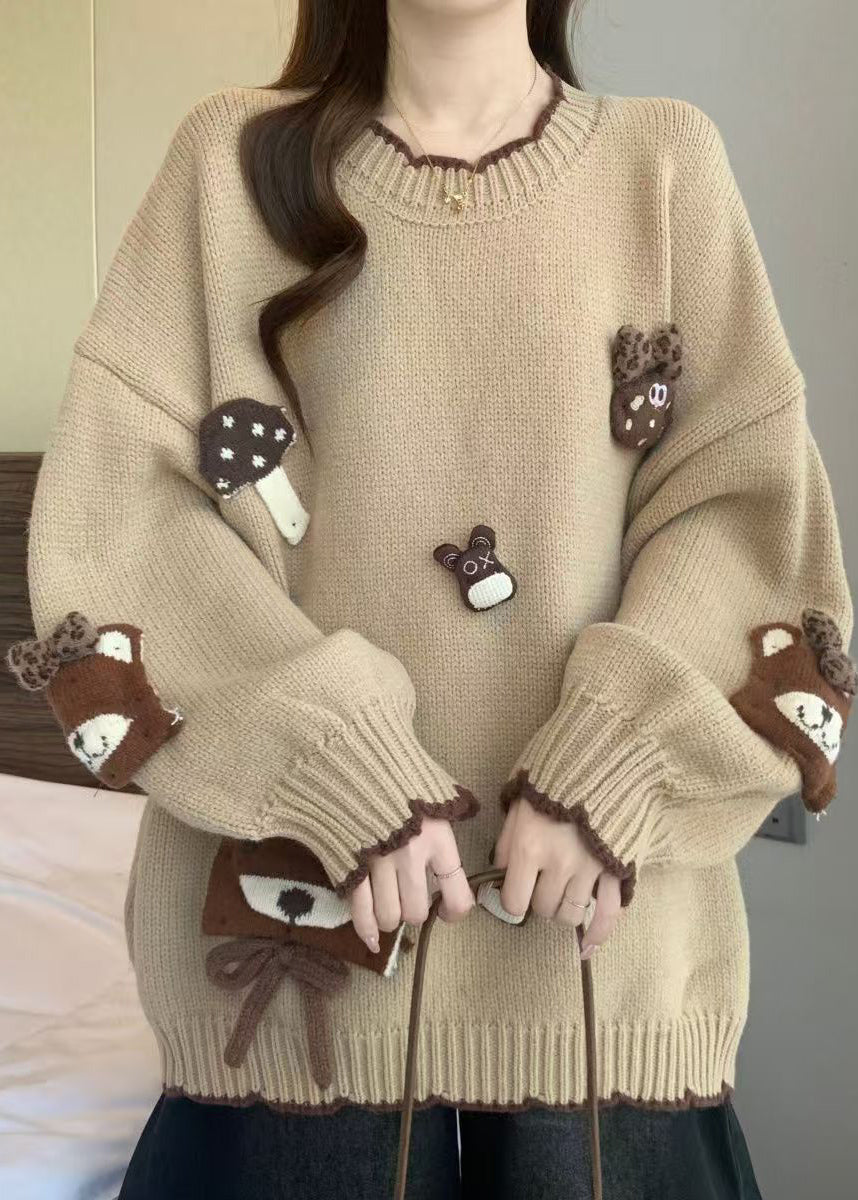 Lässige Khaki-Strickpullover mit Rundhalsausschnitt und Cartoon-Motiven für den Winter