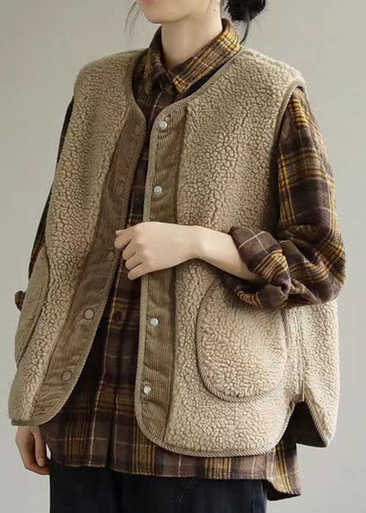 Lässiges Khaki Patchwork Kunstpelz Tank ärmellos