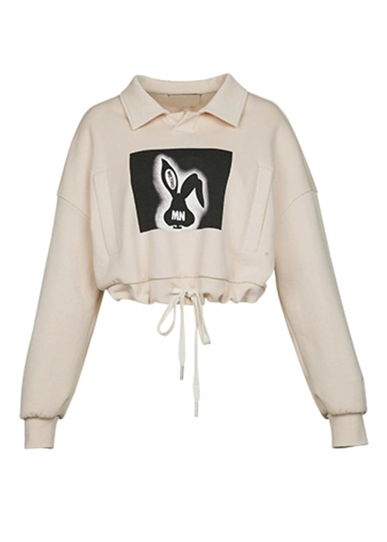 Casual Khaki Peter Pan Collar Print Drawstring Sweatshirts Fall