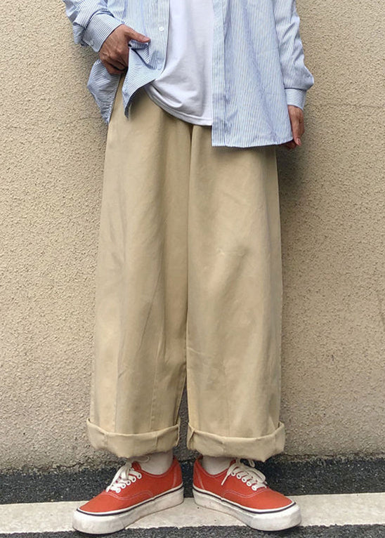 Casual Khaki Pockets Solid Cotton Men Wide Leg Pants Fall