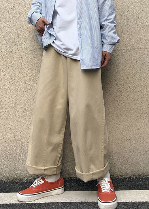 Casual Khaki Pockets Solid Cotton Men Wide Leg Pants Fall