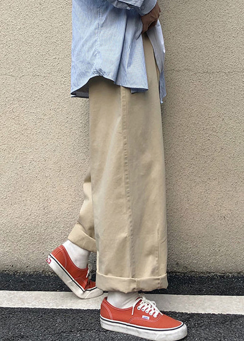 Casual Khaki Pockets Solid Cotton Men Wide Leg Pants Fall