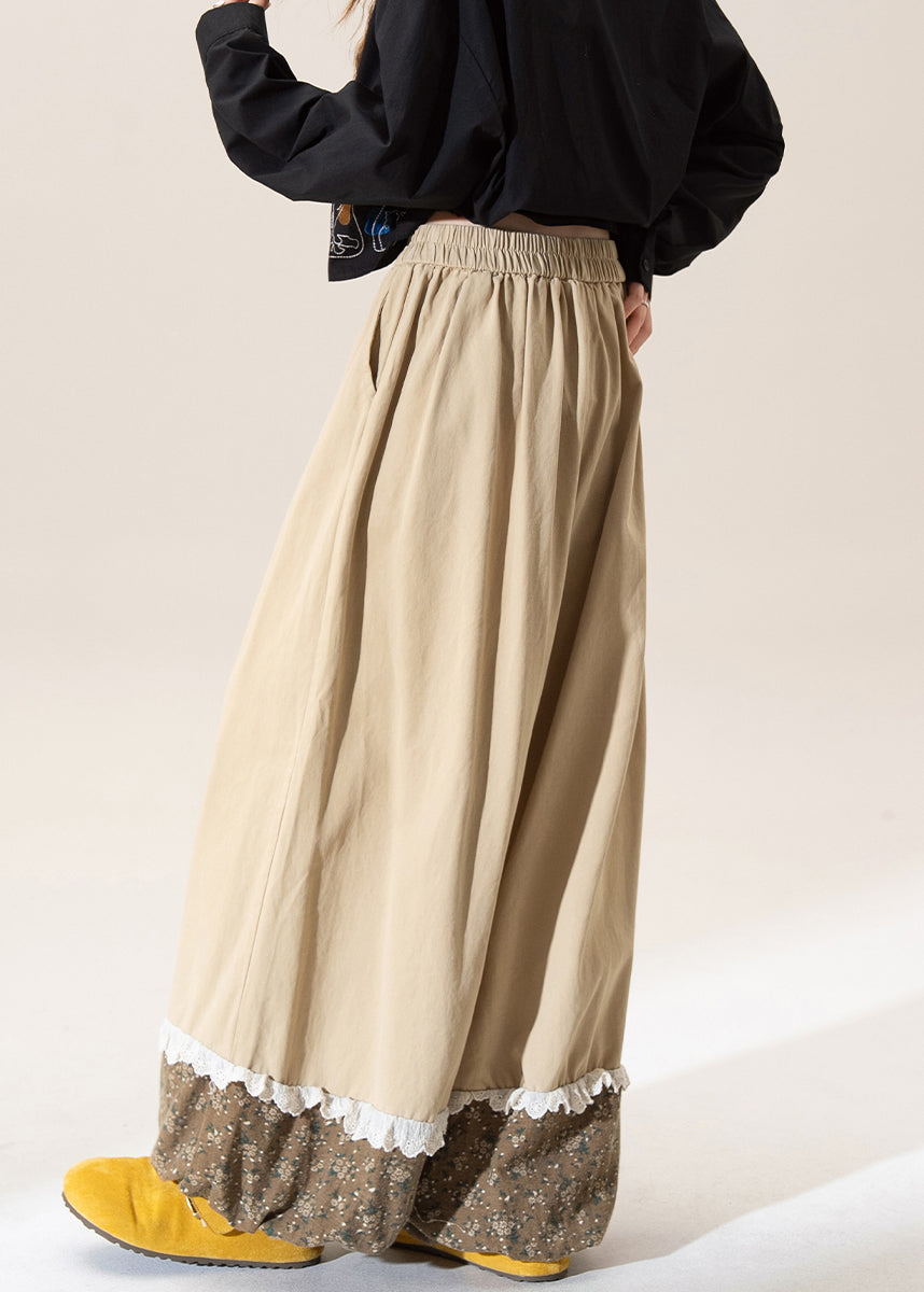 Pantalones casuales de algodón con cintura elástica y estampado de patchwork color caqui para primavera