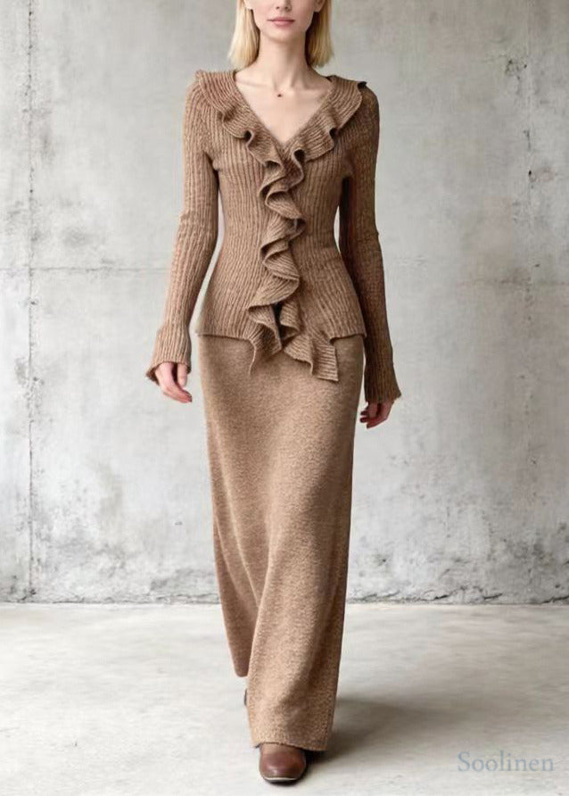 Casual Khaki Ruffled Silm Fit Knit Two Pieces Set Spring
