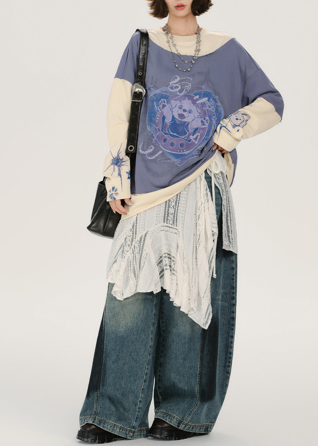 Lässiges, lavendelfarbenes Oversize-Sweatshirt aus Patchwork-Baumwolle, Streetwear für den Frühling