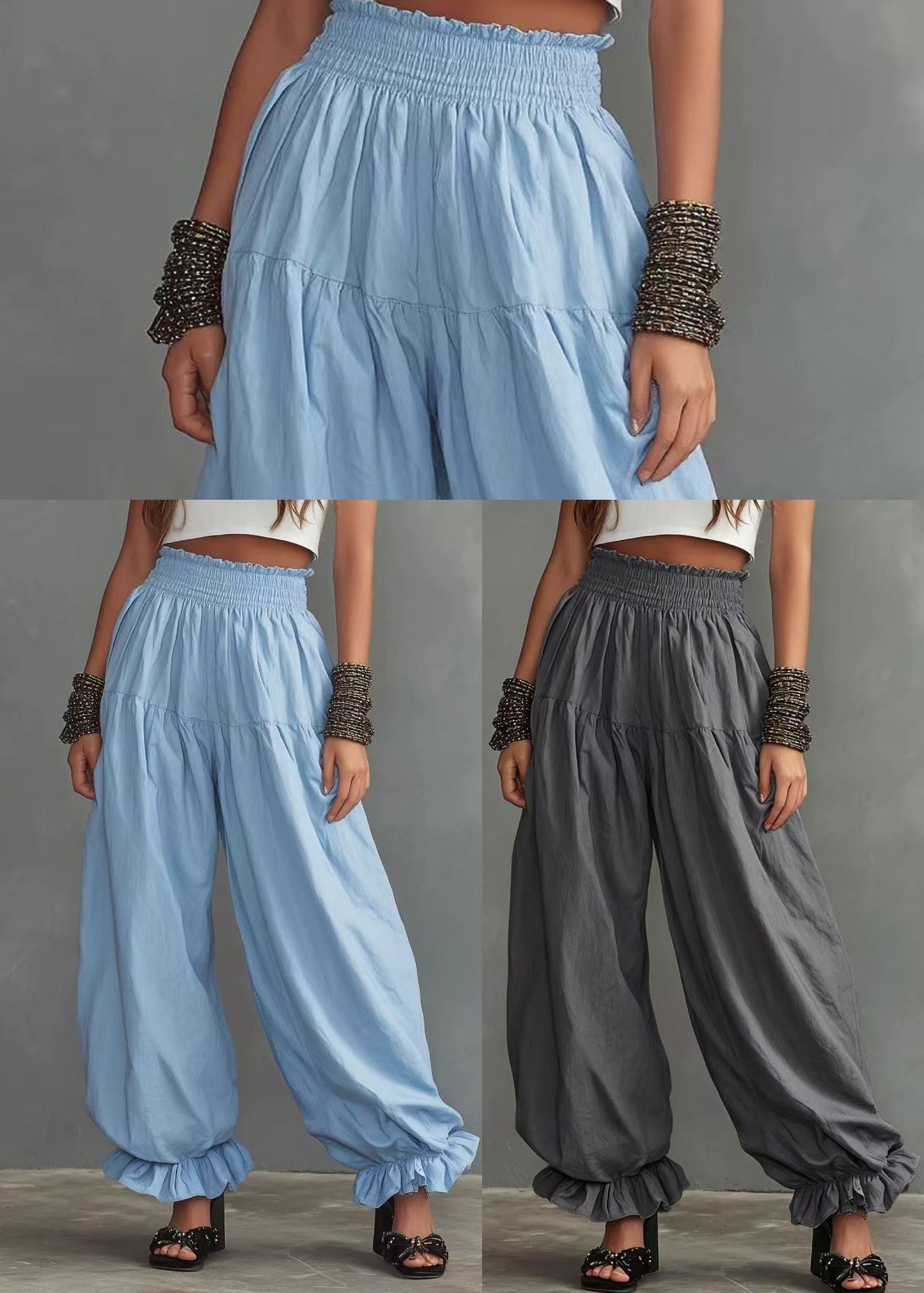 Casual Light Blue Ruffled Lantern Pants Elastic Waist Pants