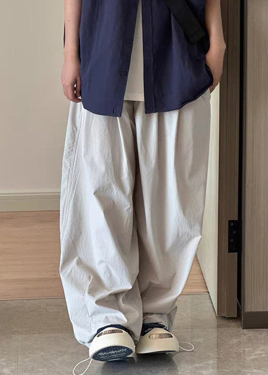 Casual Light Grey Pockets Drawstring Cotton Men Wide Leg Pants Summer
