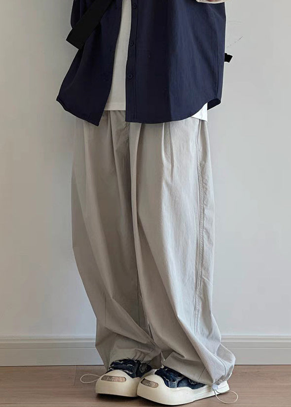 Casual Light Grey Pockets Drawstring Cotton Men Wide Leg Pants Summer