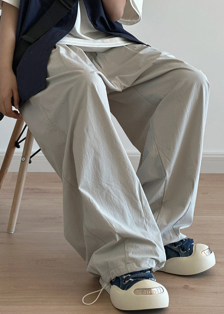 Casual Light Grey Pockets Drawstring Cotton Men Wide Leg Pants Summer