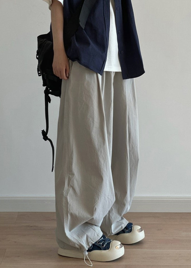 Casual Light Grey Pockets Drawstring Cotton Men Wide Leg Pants Summer