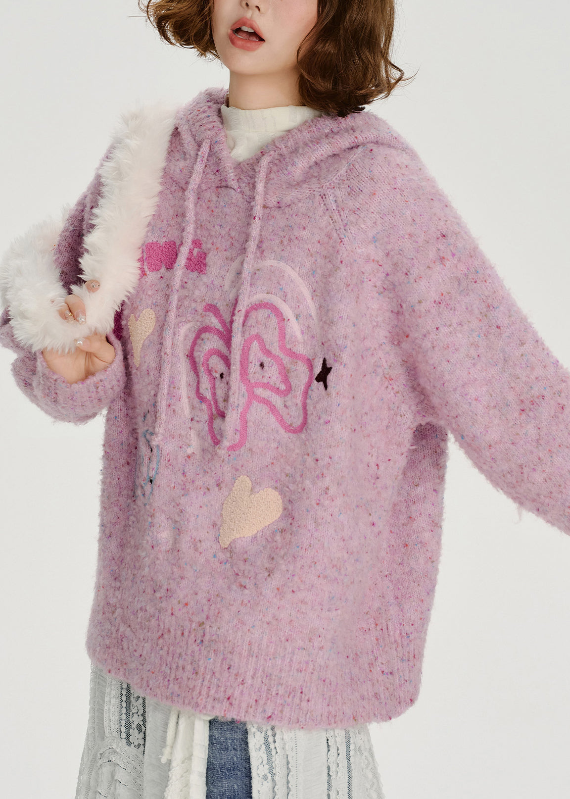 Lässiger, hellvioletter Kapuzenpullover aus Jacquard-Strick für den Winter