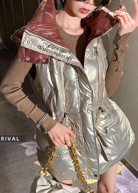 Lässige, hellgoldene, ärmellose Winter-Pufferweste mit U-Ausschnitt und Kordelzug und Schleife