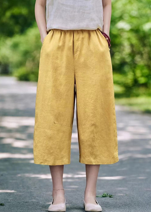 Casual Linen Pockets Elastic Waist Linen Crop Pants Summer