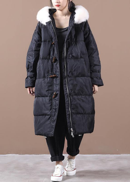 Casual Loose fitting snow jackets pockets overcoat black hooded fur collar warm winter coat - SooLinen