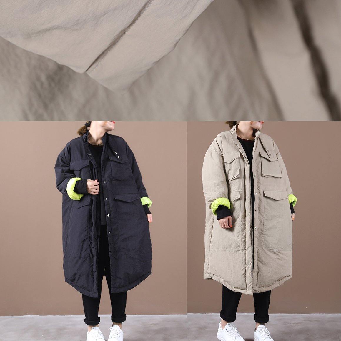 Casual Loose fitting womens parka pockets black stand collar asymmetric warm coat - SooLinen