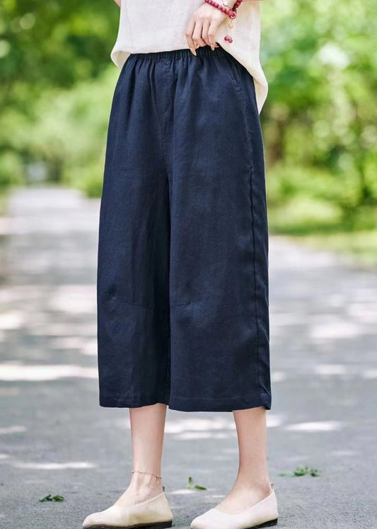 Casual Mulberry Pockets Elastic Waist Linen Crop Pants Summer