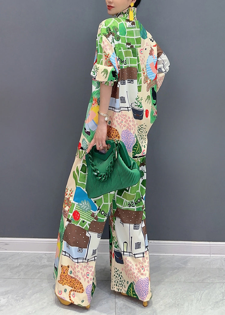 Casual Multicolor Peter Pan Collar Print Shirts And Wide Leg Pants Two Pieces Set Fall